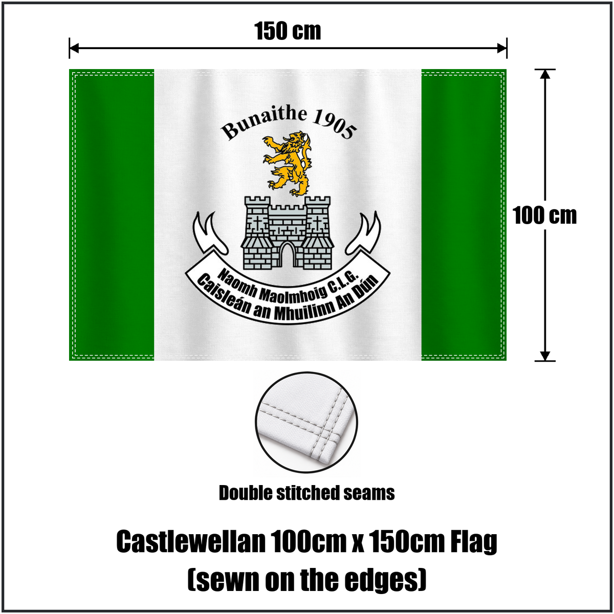 Castlewellan 100cm x 150cm Flag (sewn on the edges), featuring the club crest and green and white colours; County Down GAA. ClubFlags.ie.