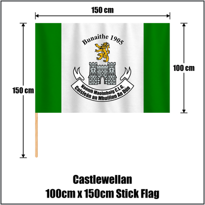 Castlewellan 100cm x 150cm Stick Flag, featuring the club crest and green and white colours; County Down GAA. ClubFlags.ie.