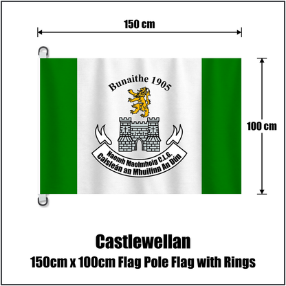 Castlewellan 150cm x 100cm Flag Pole Flag with Rings, featuring the club crest and green and white colours; County Down GAA. ClubFlags.ie.