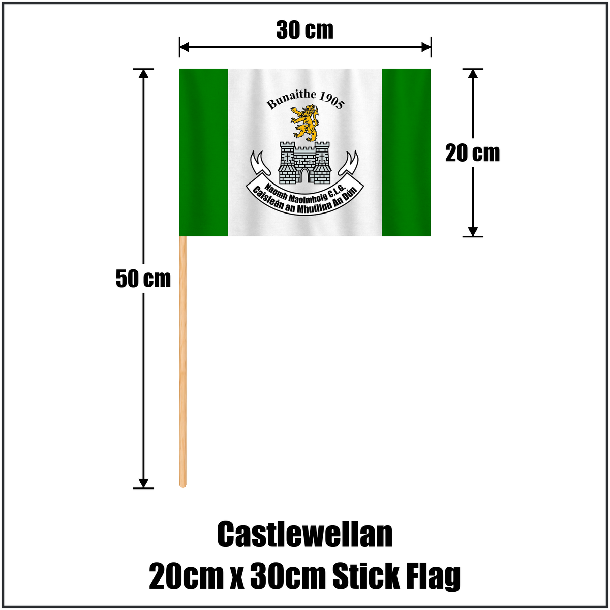 Castlewellan 20cm x 30cm Stick Flag, featuring the club crest and green and white colours; County Down GAA. ClubFlags.ie.