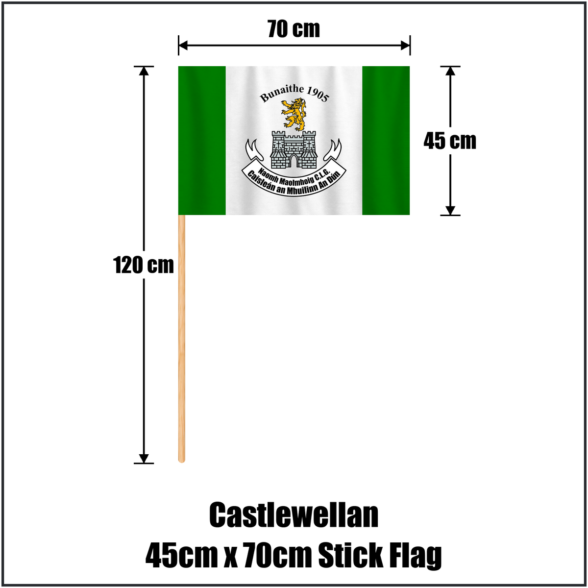 Castlewellan 45cm x 70cm Stick Flag, featuring the club crest and green and white colours; County Down GAA. ClubFlags.ie.