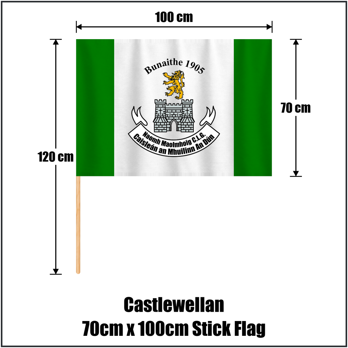 Castlewellan 70cm x 100cm Stick Flag, featuring the club crest and green and white colours; County Down GAA. ClubFlags.ie.
