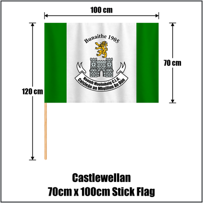 Castlewellan 70cm x 100cm Stick Flag, featuring the club crest and green and white colours; County Down GAA. ClubFlags.ie.