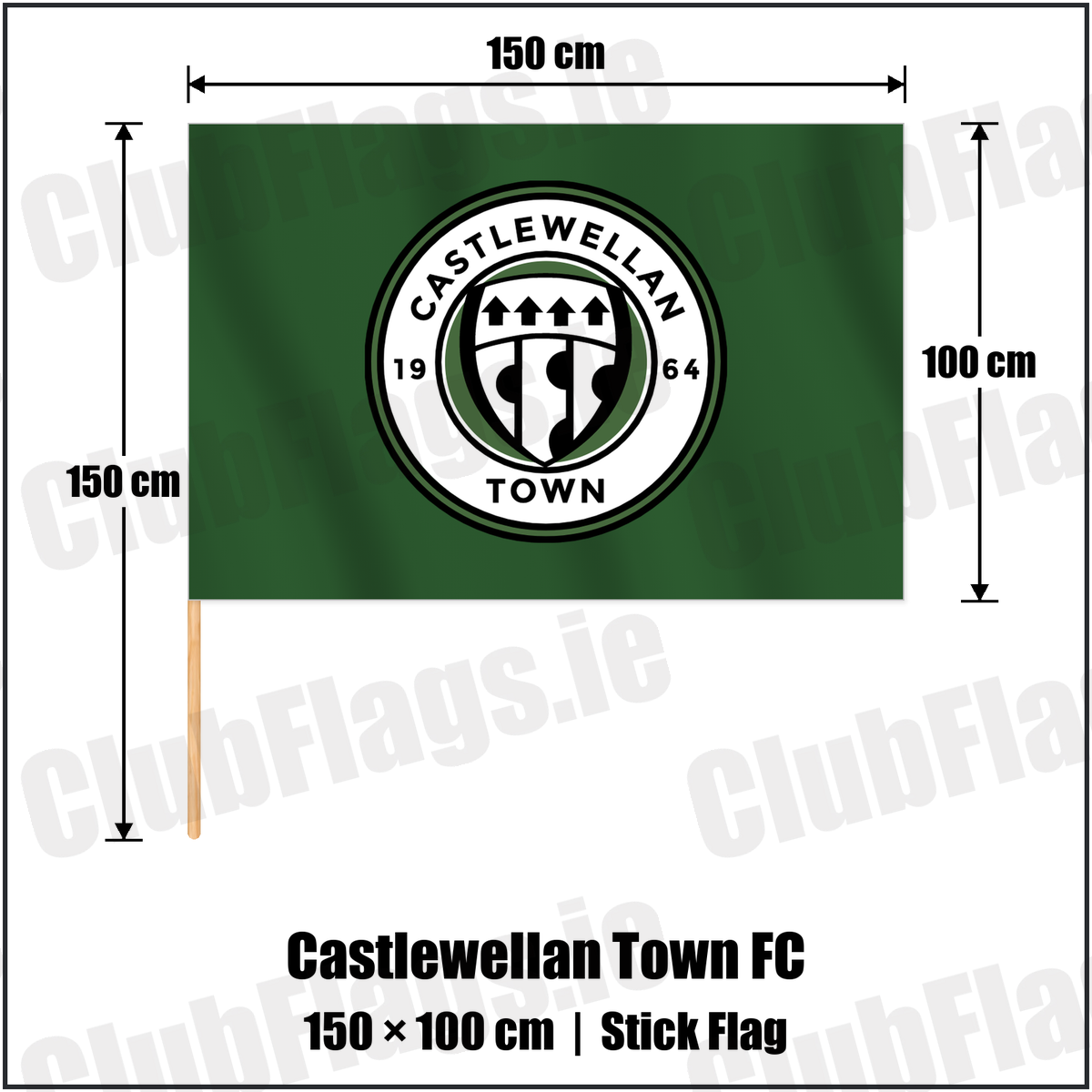 Castlewellan Town FC 100cm x 150cm Stick Flag with the club crest and colours, Down Football - ClubFlags.ie