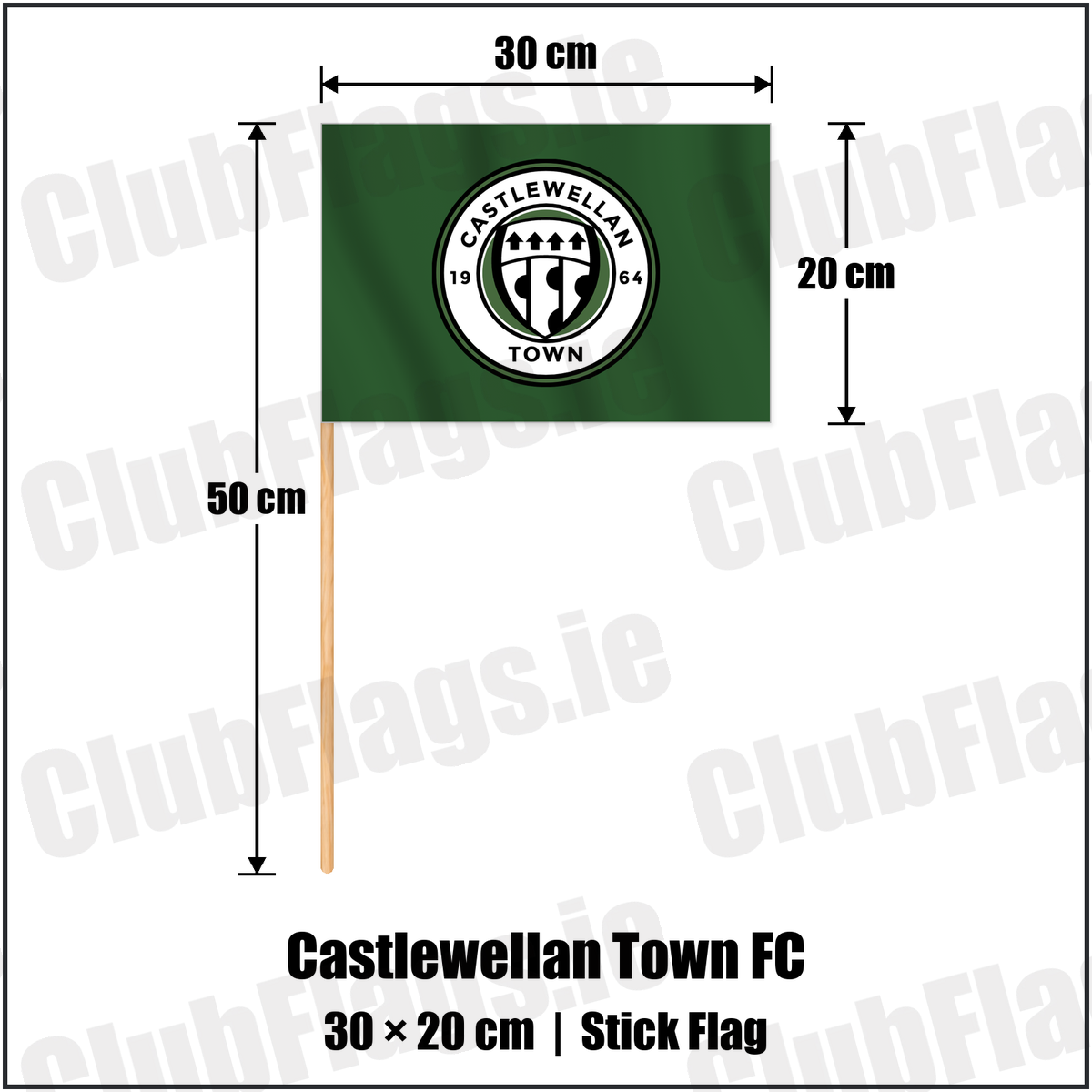 Castlewellan Town FC 20cm x 30cm Stick Flag with the club crest and colours, Down Football - ClubFlags.ie