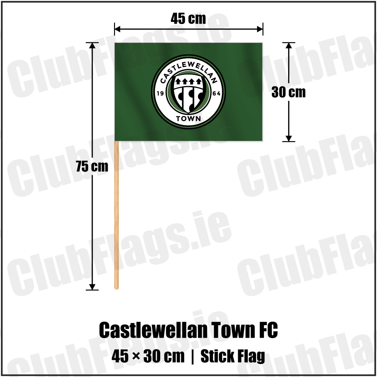 Castlewellan Town FC 30cm x 45cm Stick Flag with the club crest and colours, Down Football - ClubFlags.ie