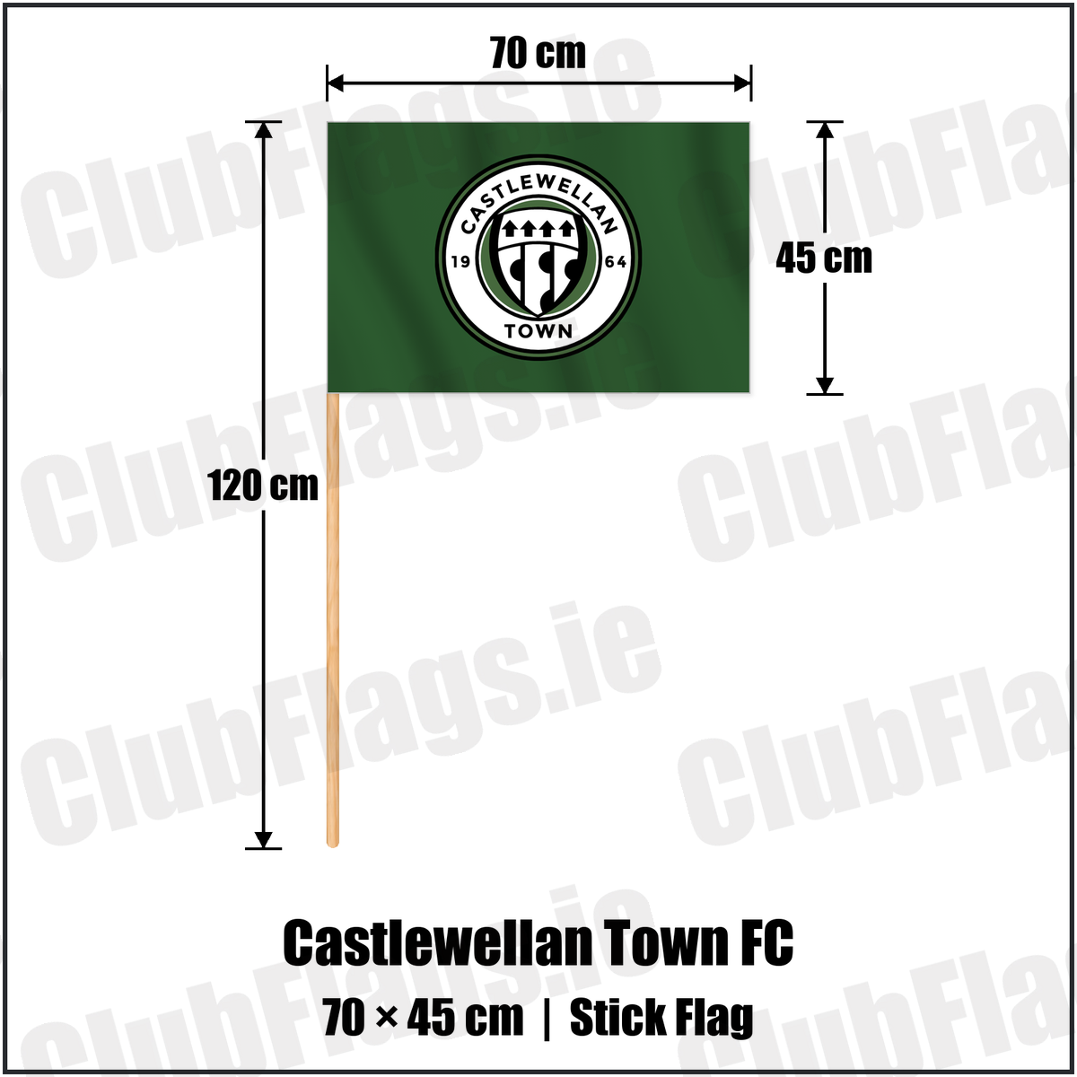 Castlewellan Town FC 45cm x 70cm Stick Flag with the club crest and colours, Down Football - ClubFlags.ie