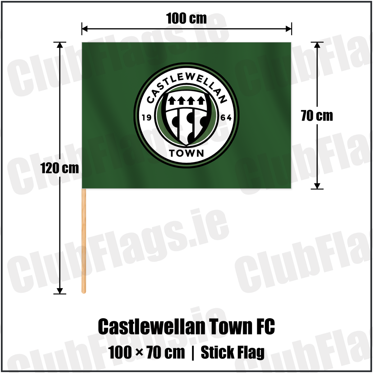 Castlewellan Town FC 70cm x 100cm Stick Flag with the club crest and colours, Down Football - ClubFlags.ie