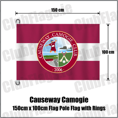 Causeway Camogie 150cm x 100cm Flag Pole Flag with Rings, featuring the club crest and maroon and white colours; County Kerry camogie. ClubFlags.ie.