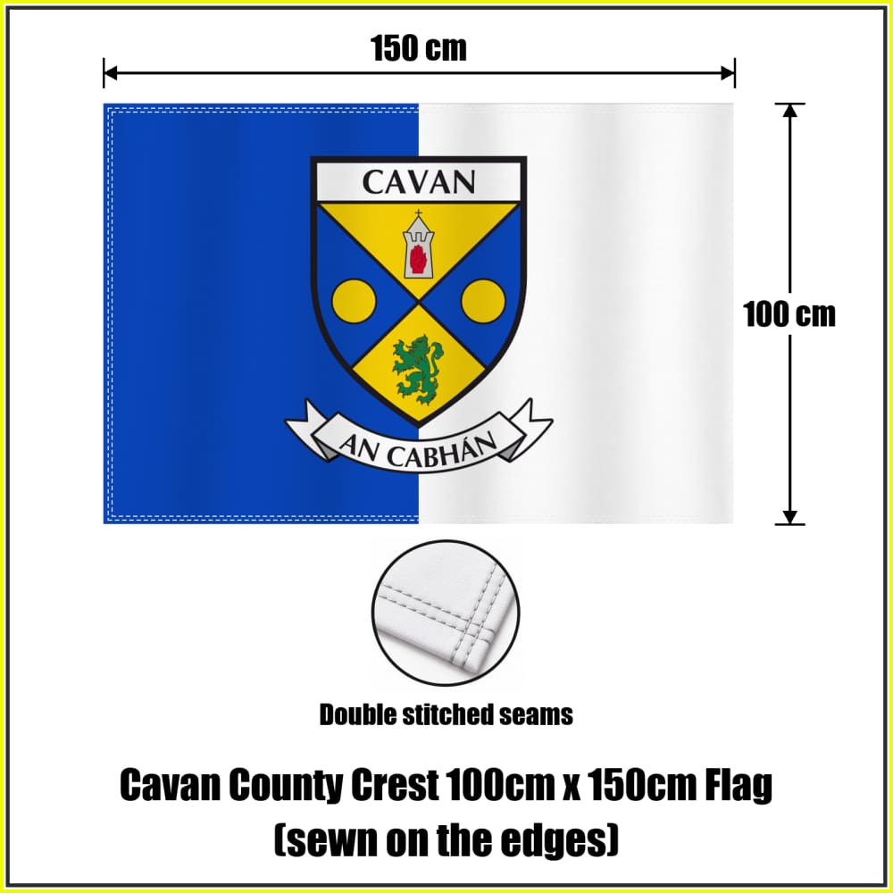 Cavan county crest 100 × 150 cm sewn-edge flag in blue and white, with dimension arrows and a double-stitch seam close-up.