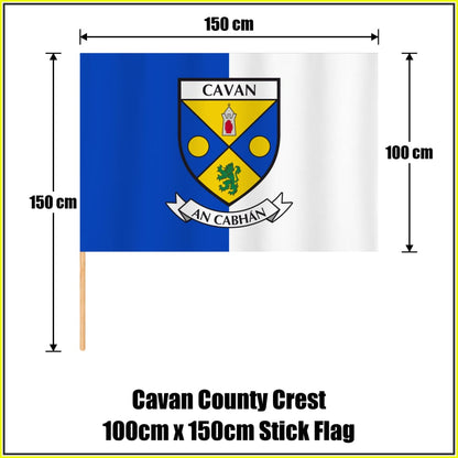 Cavan county crest 100 × 150 cm stick flag in blue and white, with a 150 cm wooden stick and dimension arrows.