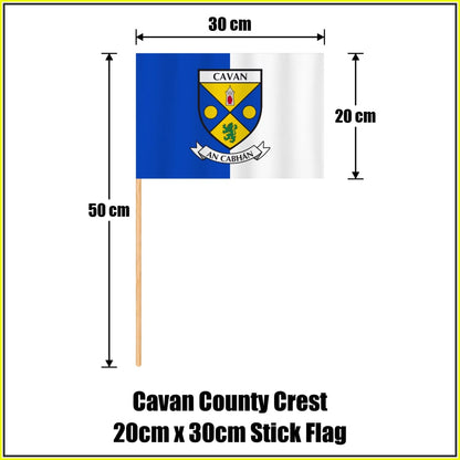 Cavan county crest 20 × 30 cm stick flag in blue and white, with a 50 cm wooden stick and dimension arrows.