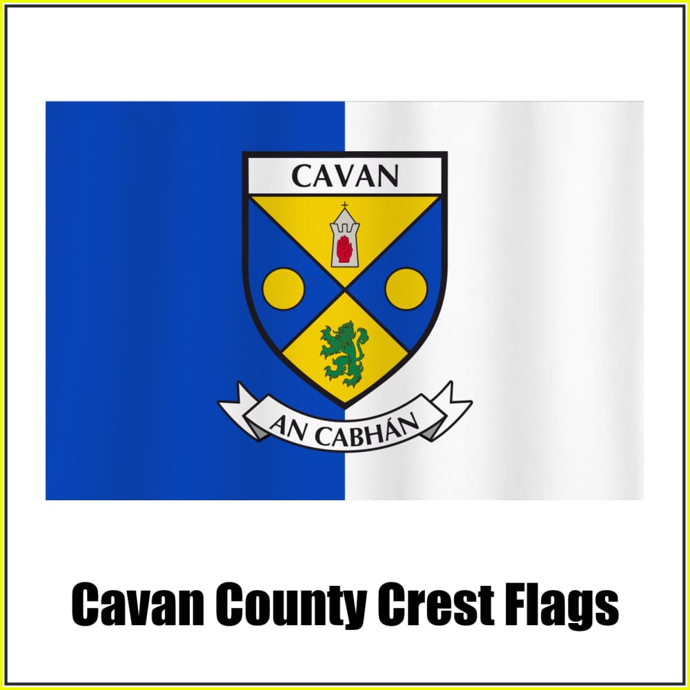Cavan county crest flag in blue and white, with county name and crest.