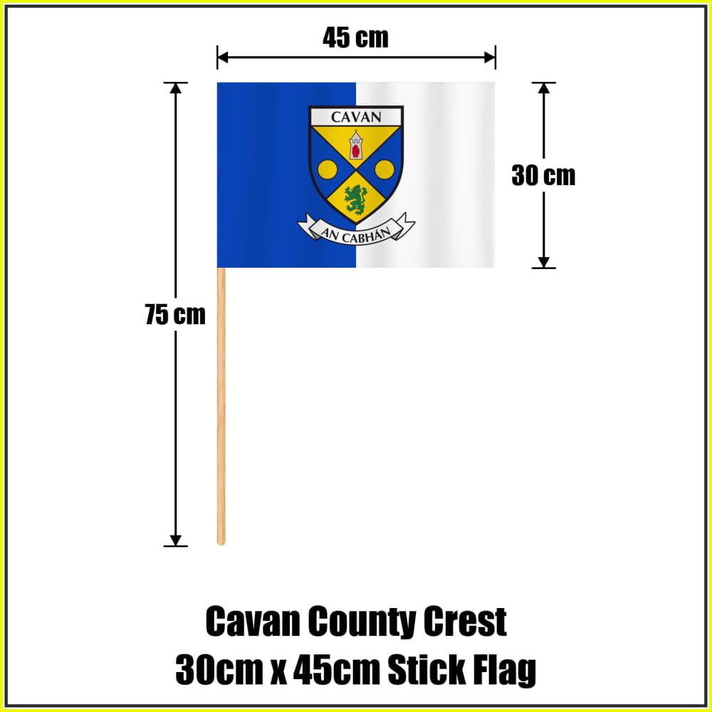 Cavan county crest 30 × 45 cm stick flag in blue and white, with a 75 cm wooden stick and dimension arrows.