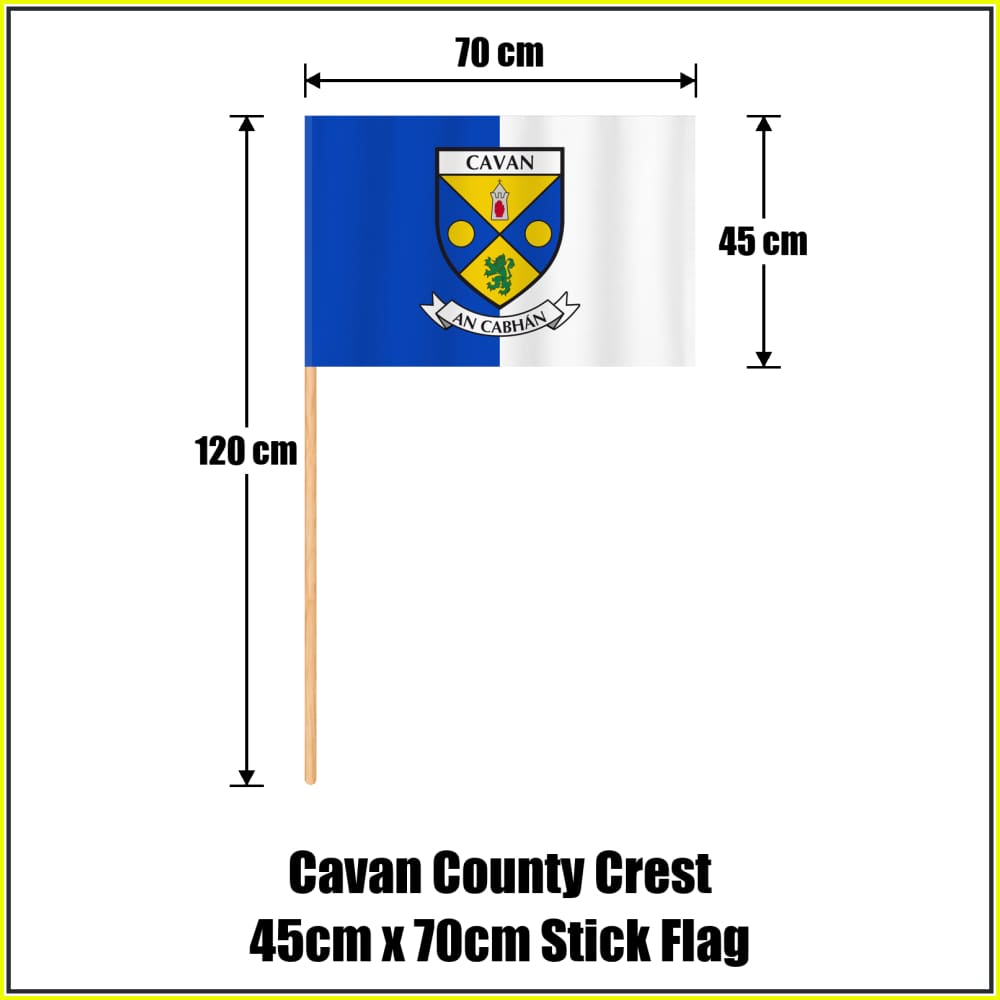 Cavan county crest 45 × 70 cm stick flag in blue and white, with a 120 cm wooden stick and dimension arrows.
