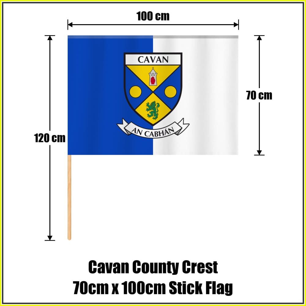 Cavan county crest 70 × 100 cm stick flag in blue and white, with a 120 cm wooden stick and dimension arrows.