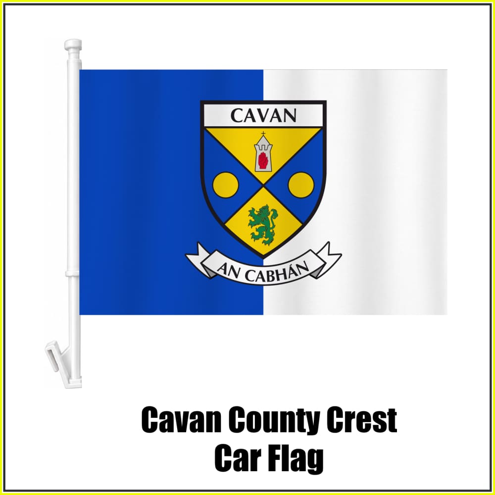 Cavan county crest car flag in blue and white, on a white plastic window mount.