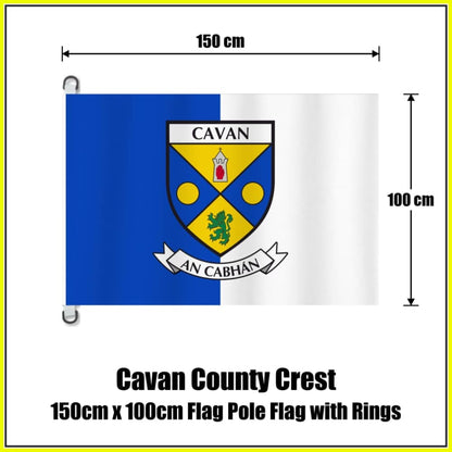 Cavan county crest flag, 150 cm wide × 100 cm high, in blue and white, with two dark attachment rings on white tabs and no pole.