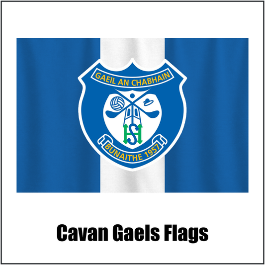 Cavan Gaels Flags, featuring the club crest and blue and white colours; County Cavan GAA. ClubFlags.ie.