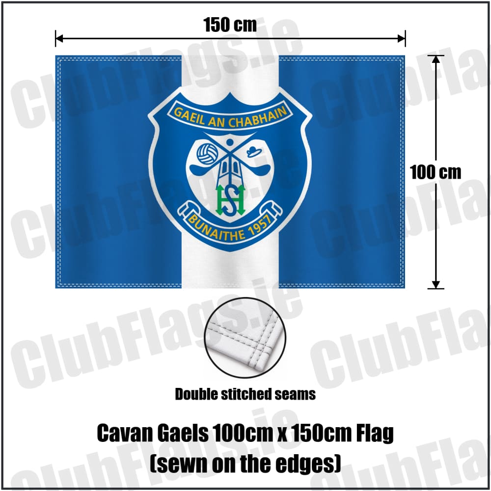 Cavan Gaels 100cm x 150cm Flag (sewn on the edges) in blue and white, featuring the club crest on realistic fabric with gentle vertical folds; County Cavan GAA. ClubFlags.ie.
