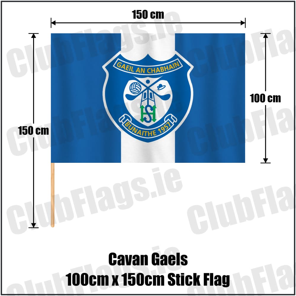 Cavan Gaels 100cm x 150cm Stick Flag in blue and white, featuring the club crest on realistic fabric with gentle vertical folds; County Cavan GAA. ClubFlags.ie.