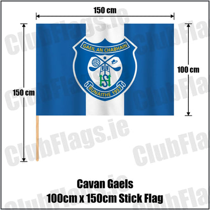 Cavan Gaels 100cm x 150cm Stick Flag in blue and white, featuring the club crest on realistic fabric with gentle vertical folds; County Cavan GAA. ClubFlags.ie.