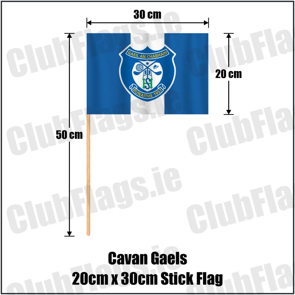 Cavan Gaels 20cm x 30cm Stick Flag in blue and white, featuring the club crest on realistic fabric with gentle vertical folds; County Cavan GAA. ClubFlags.ie.