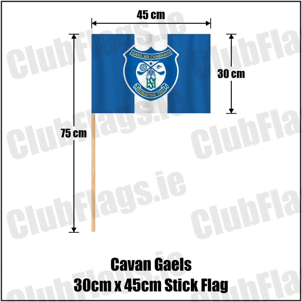 Cavan Gaels 30cm x 45cm Stick Flag in blue and white, featuring the club crest on realistic fabric with gentle vertical folds; County Cavan GAA. ClubFlags.ie.