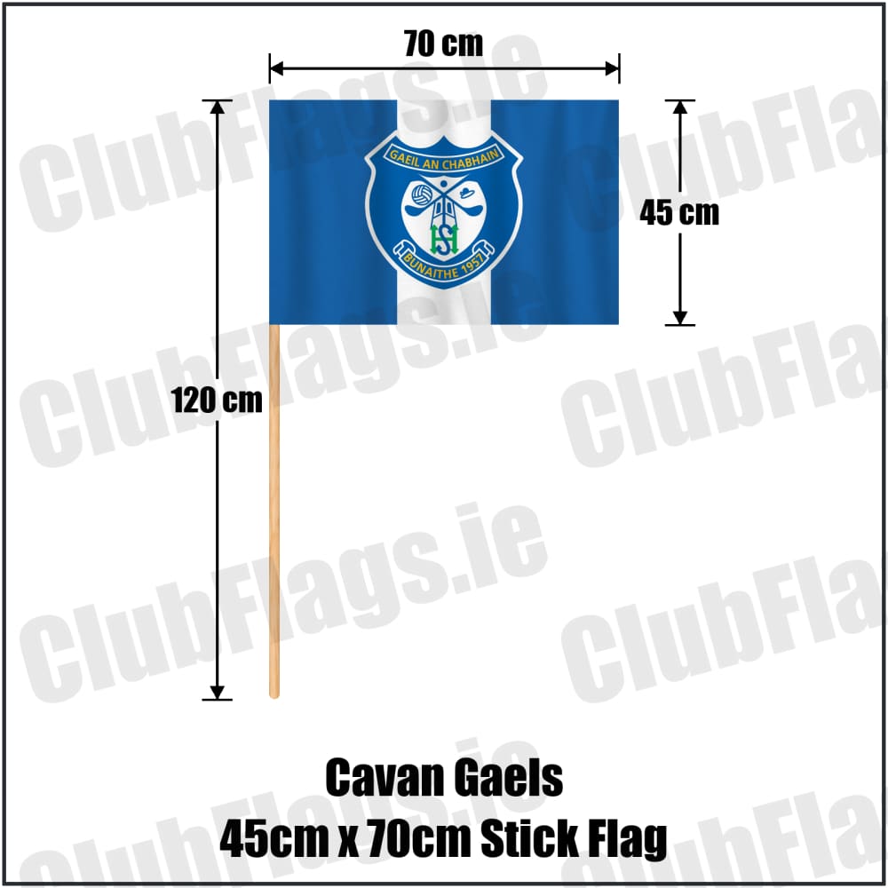 Cavan Gaels 45cm x 70cm Stick Flag in blue and white, featuring the club crest on realistic fabric with gentle vertical folds; County Cavan GAA. ClubFlags.ie.