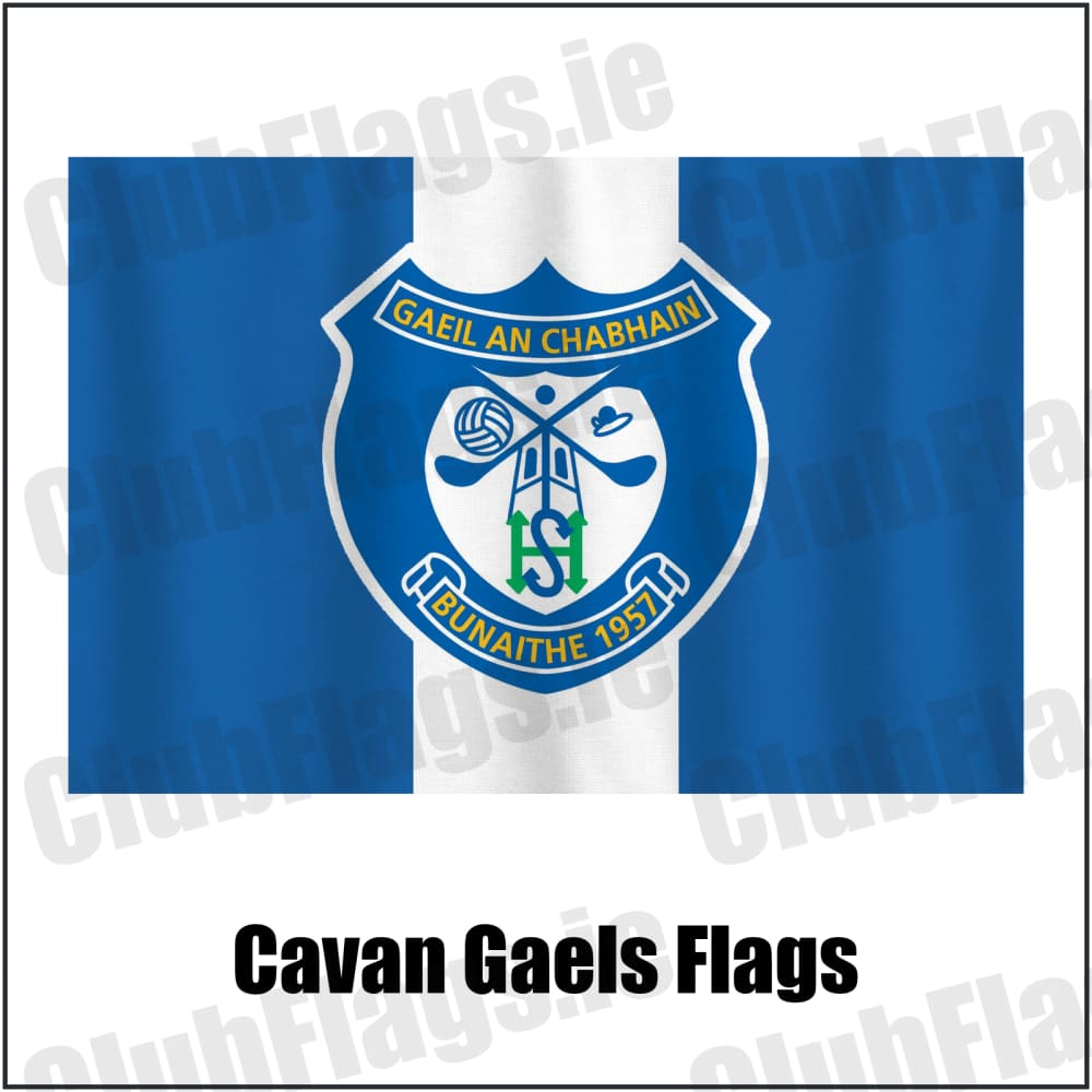 Cavan Gaels Flags in blue and white, featuring the club crest on realistic fabric with gentle vertical folds; County Cavan GAA. ClubFlags.ie.