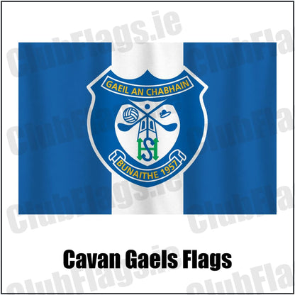 Cavan Gaels Flags in blue and white, featuring the club crest on realistic fabric with gentle vertical folds; County Cavan GAA. ClubFlags.ie.
