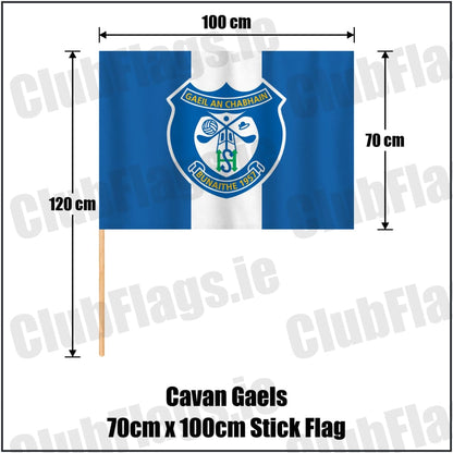 Cavan Gaels 70cm x 100cm Stick Flag in blue and white, featuring the club crest on realistic fabric with gentle vertical folds; County Cavan GAA. ClubFlags.ie.
