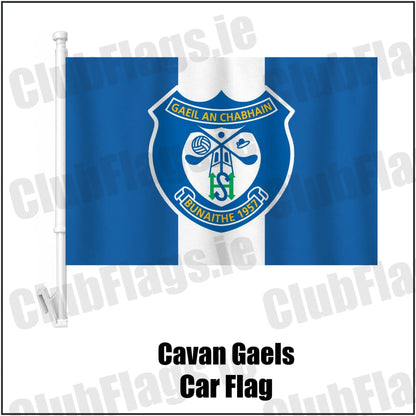 Cavan Gaels Car Flag in blue and white, featuring the club crest on realistic fabric with gentle vertical folds; County Cavan GAA. ClubFlags.ie.