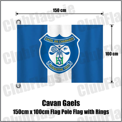 Cavan Gaels 150cm x 100cm Flag Pole Flag with Rings in blue and white, featuring the club crest on realistic fabric with gentle vertical folds; County Cavan GAA. ClubFlags.ie.