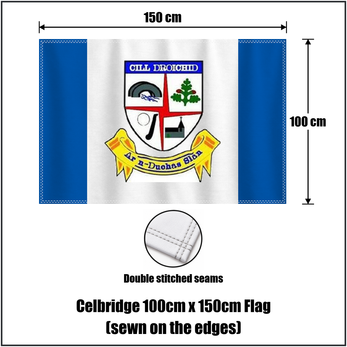 Celbridge 100cm x 150cm Flag (sewn on the edges), featuring the club crest and blue and white colours; County Kildare GAA. ClubFlags.ie.