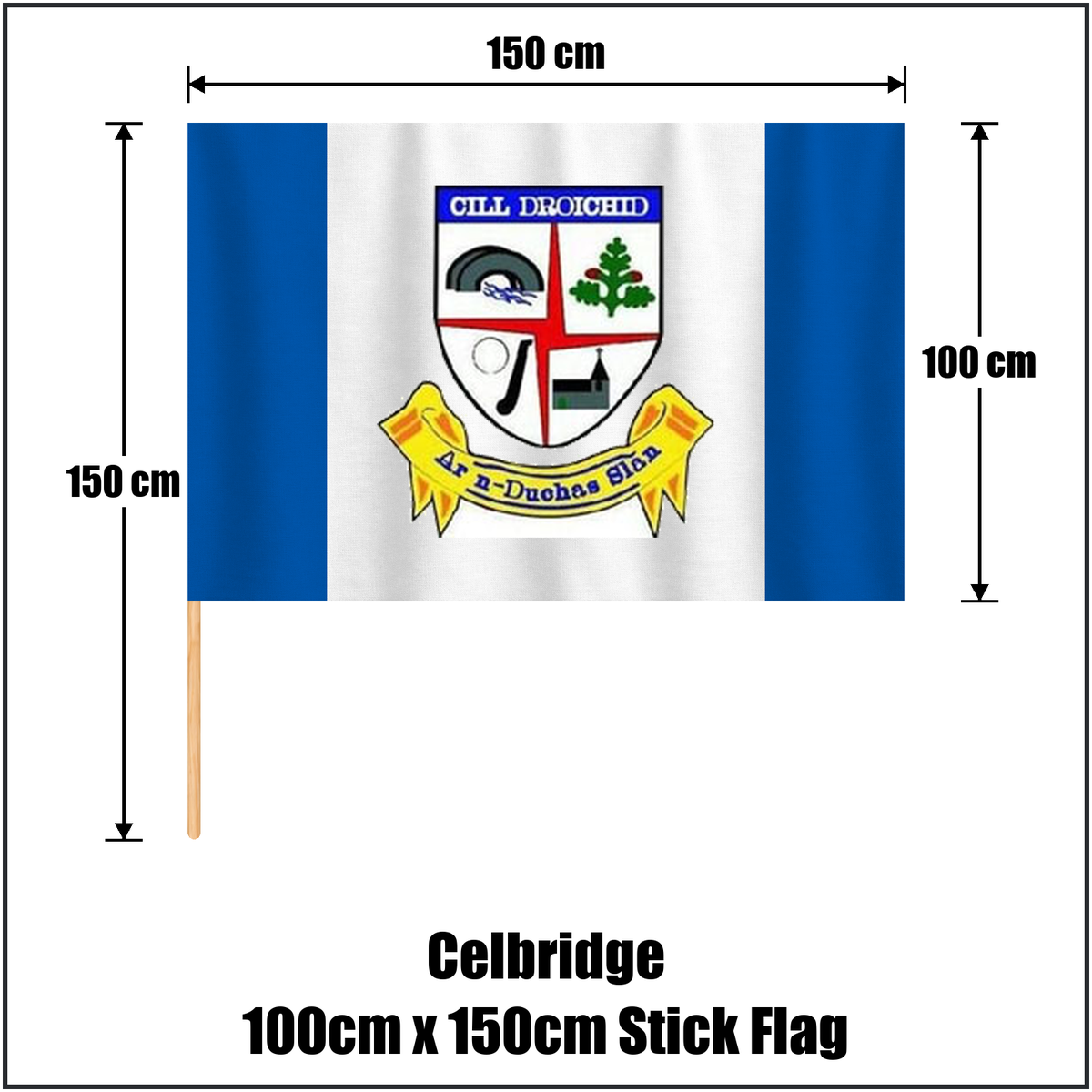 Celbridge 100cm x 150cm Stick Flag, featuring the club crest and blue and white colours; County Kildare GAA. ClubFlags.ie.