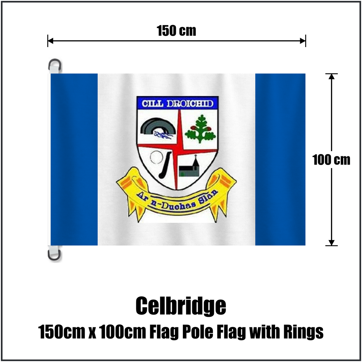 Celbridge 150cm x 100cm Flag Pole Flag with Rings, featuring the club crest and blue and white colours; County Kildare GAA. ClubFlags.ie.