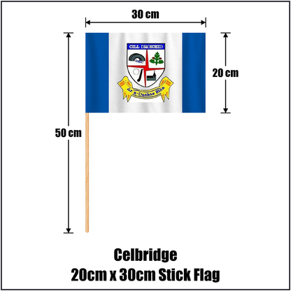 Celbridge 20cm x 30cm Stick Flag, featuring the club crest and blue and white colours; County Kildare GAA. ClubFlags.ie.