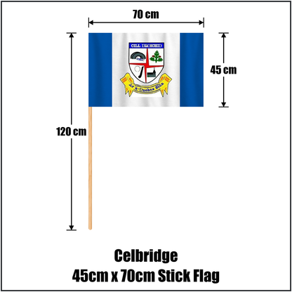 Celbridge 45cm x 70cm Stick Flag, featuring the club crest and blue and white colours; County Kildare GAA. ClubFlags.ie.