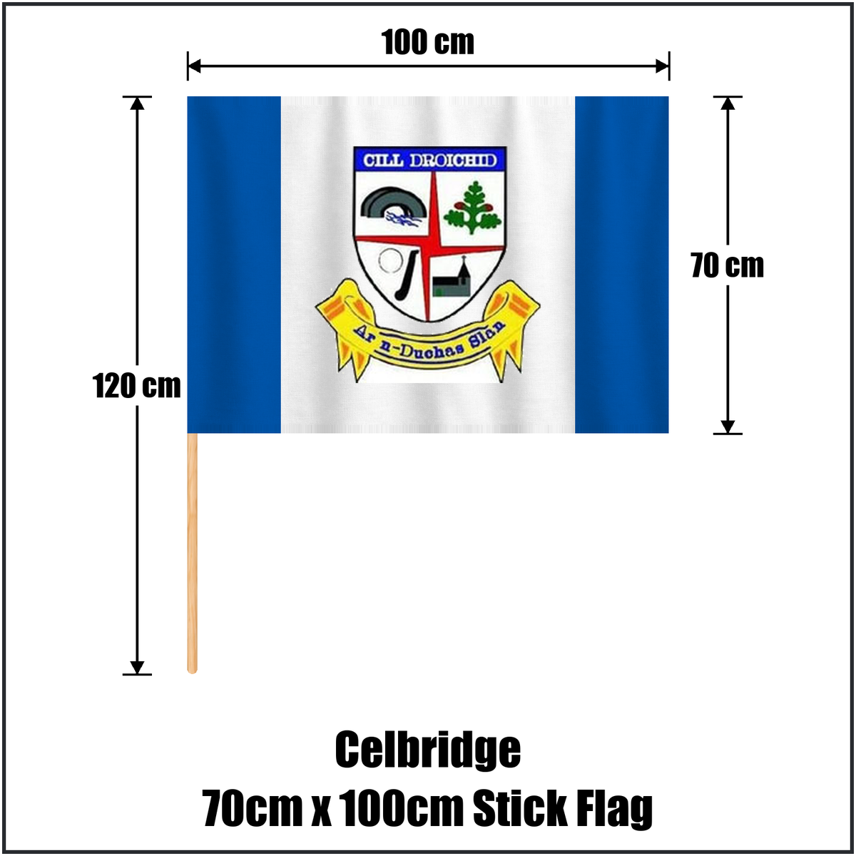 Celbridge 70cm x 100cm Stick Flag, featuring the club crest and blue and white colours; County Kildare GAA. ClubFlags.ie.