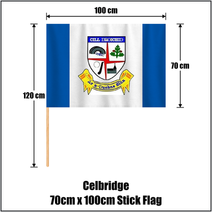 Celbridge 70cm x 100cm Stick Flag, featuring the club crest and blue and white colours; County Kildare GAA. ClubFlags.ie.
