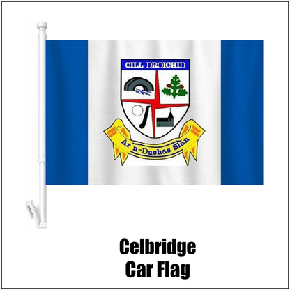 Celbridge Car Flag, featuring the club crest and blue and white colours; County Kildare GAA. ClubFlags.ie.