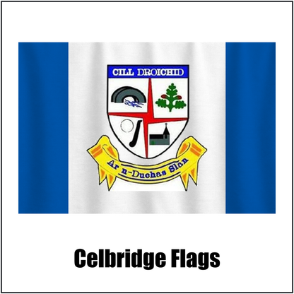Celbridge Flags, featuring the club crest and blue and white colours; County Kildare GAA. ClubFlags.ie.