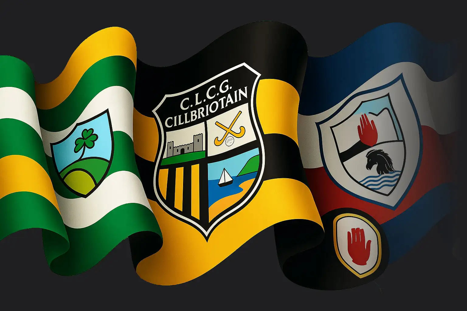 The central object is a black and yellow striped banner featuring the crest of c.l.c.g.