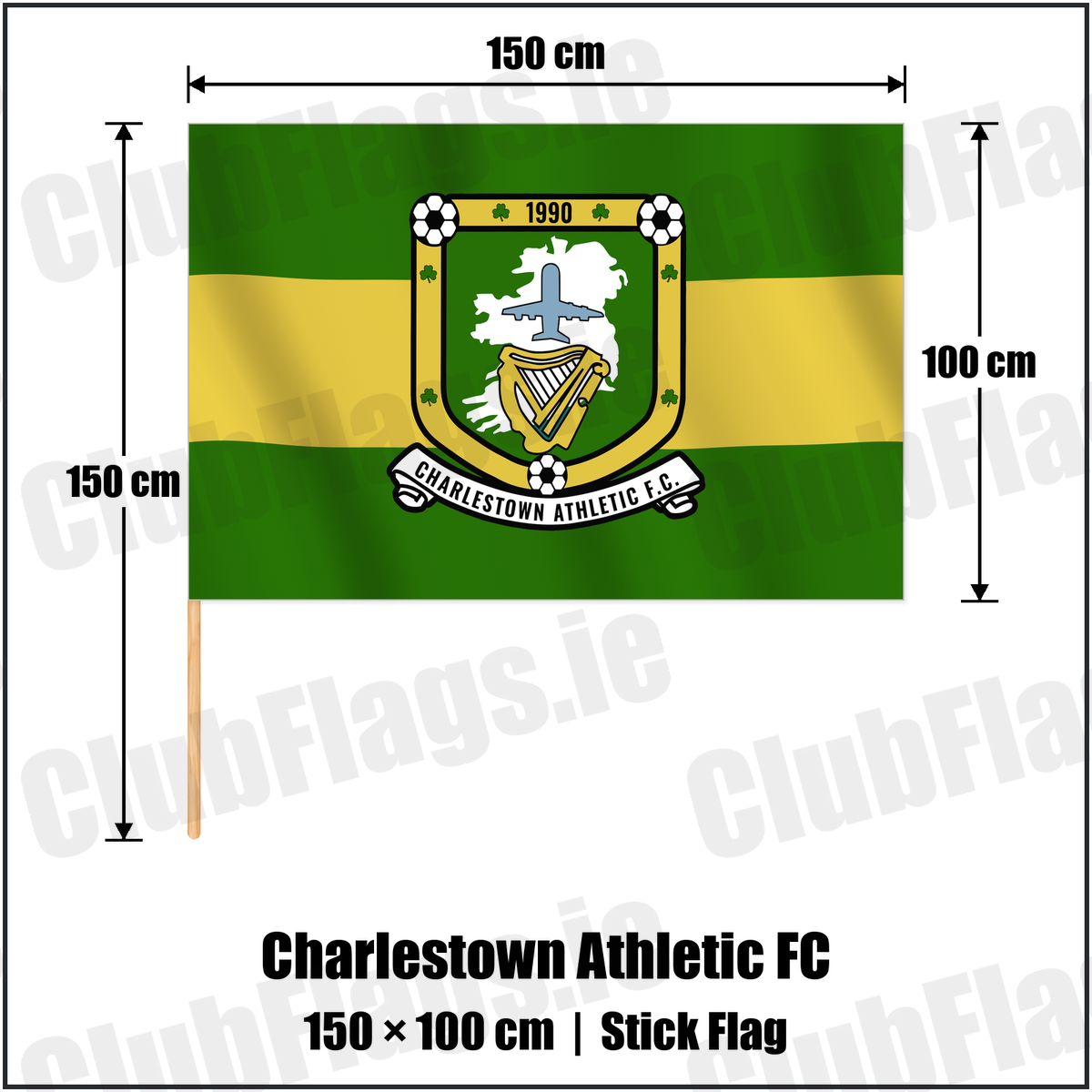 Charlestown Athletic FC 100cm x 150cm Stick Flag with the club crest and colours, Mayo Football - ClubFlags.ie