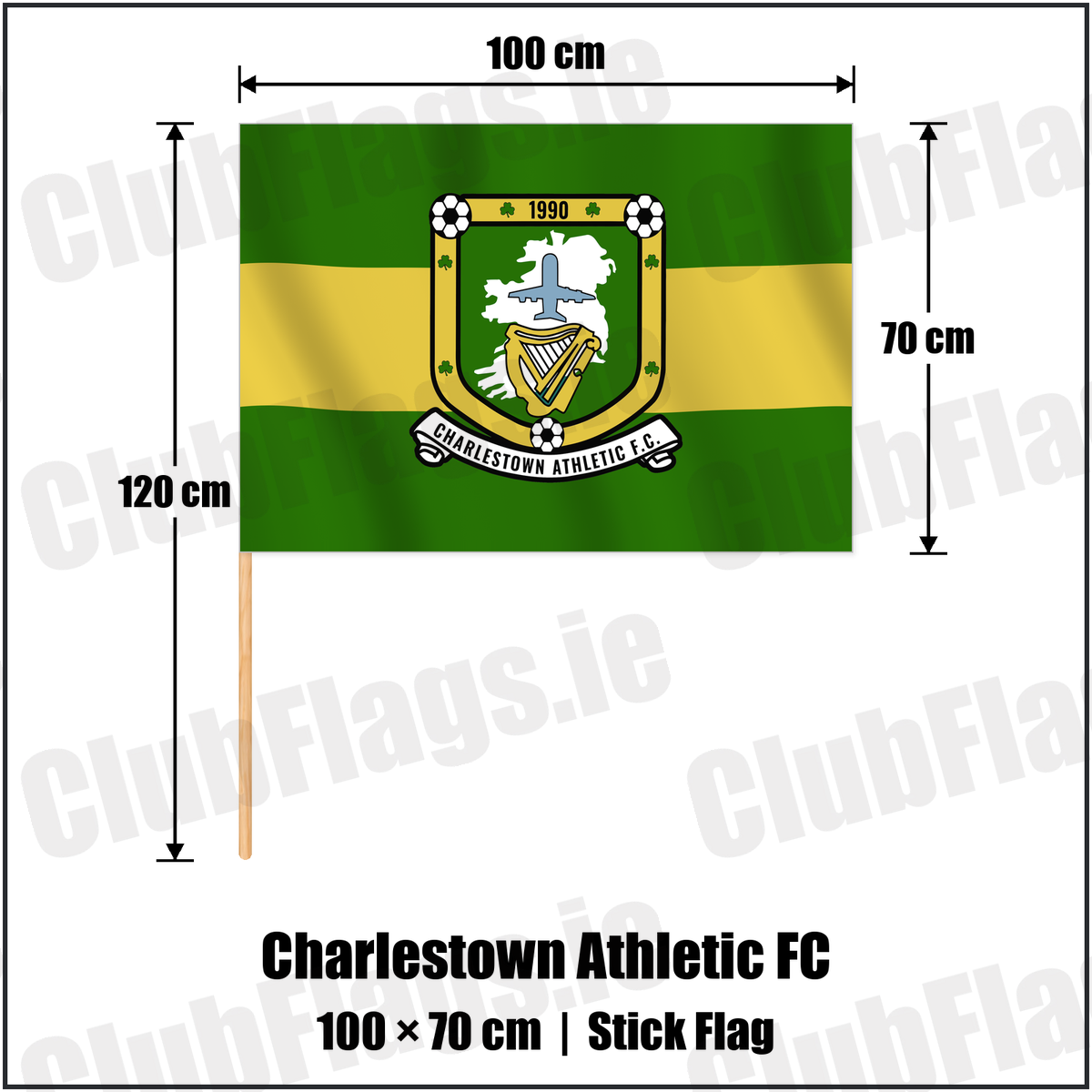 Charlestown Athletic FC 70cm x 100cm Stick Flag with the club crest and colours, Mayo Football - ClubFlags.ie
