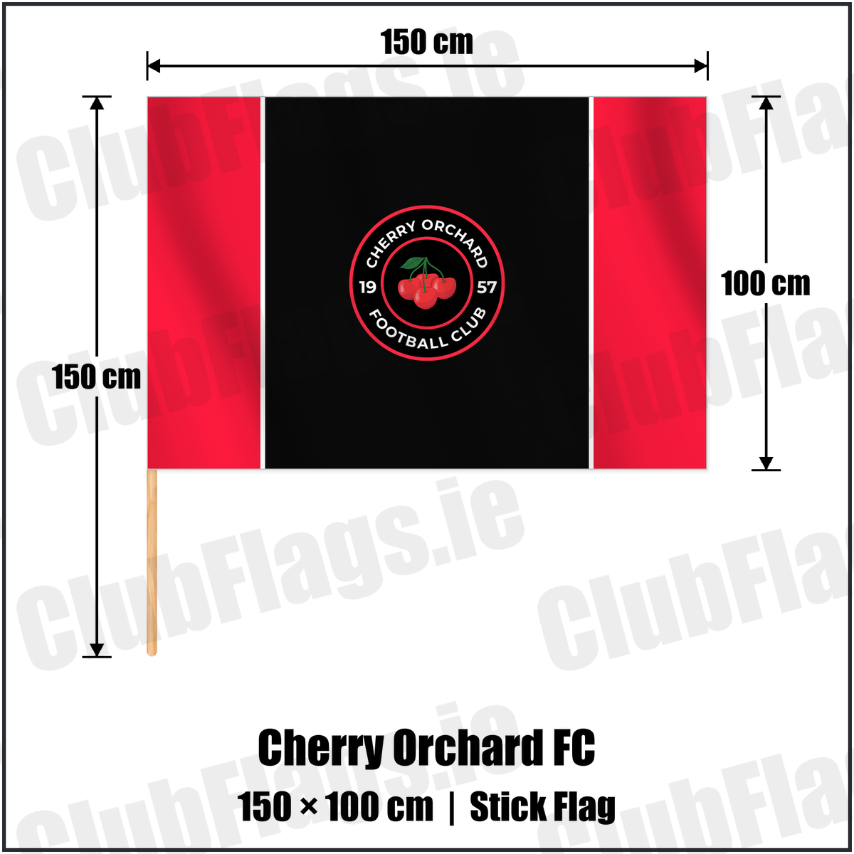 Cherry Orchard FC 100cm x 150cm Stick Flag with the club crest and colours, Dublin Football - ClubFlags.ie
