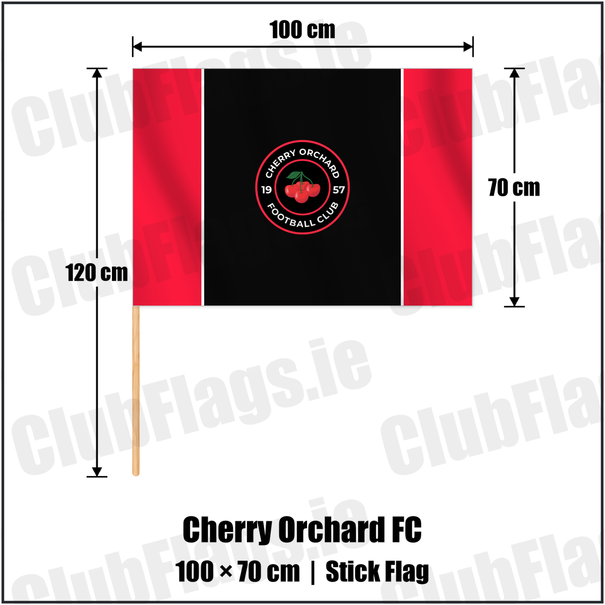Cherry Orchard FC 70cm x 100cm Stick Flag with the club crest and colours, Dublin Football - ClubFlags.ie