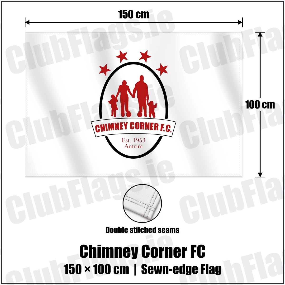 Chimney Corner FC 100cm x 150cm Flag (sewn on the edges) with the club crest and colours, Antrim Football - ClubFlags.ie