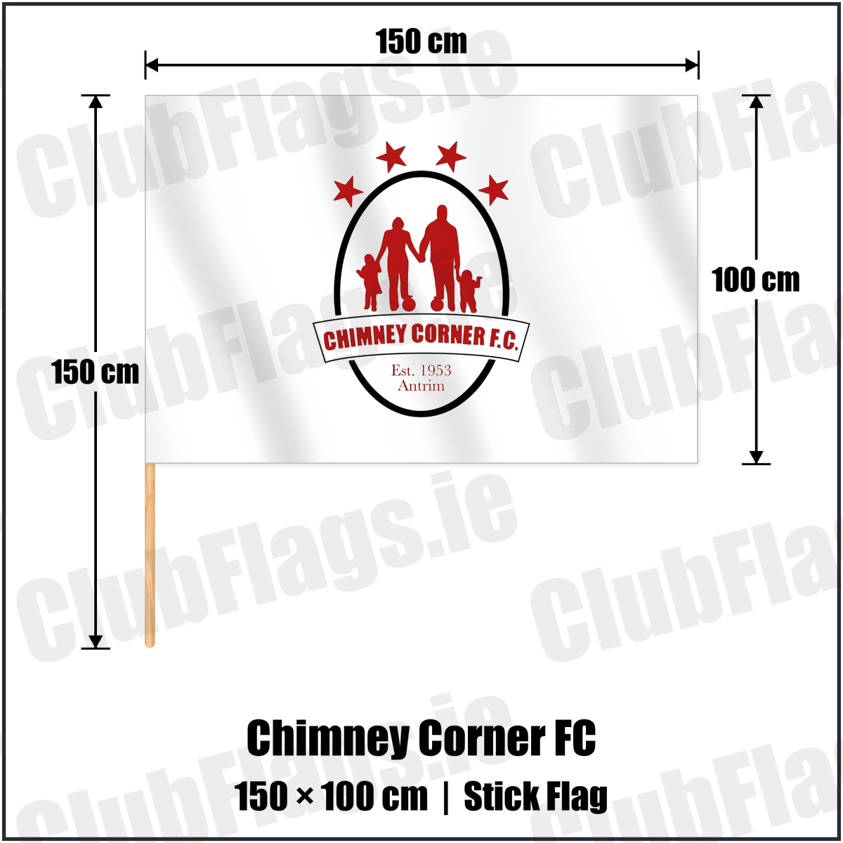 Chimney Corner FC 100cm x 150cm Stick Flag with the club crest and colours, Antrim Football - ClubFlags.ie